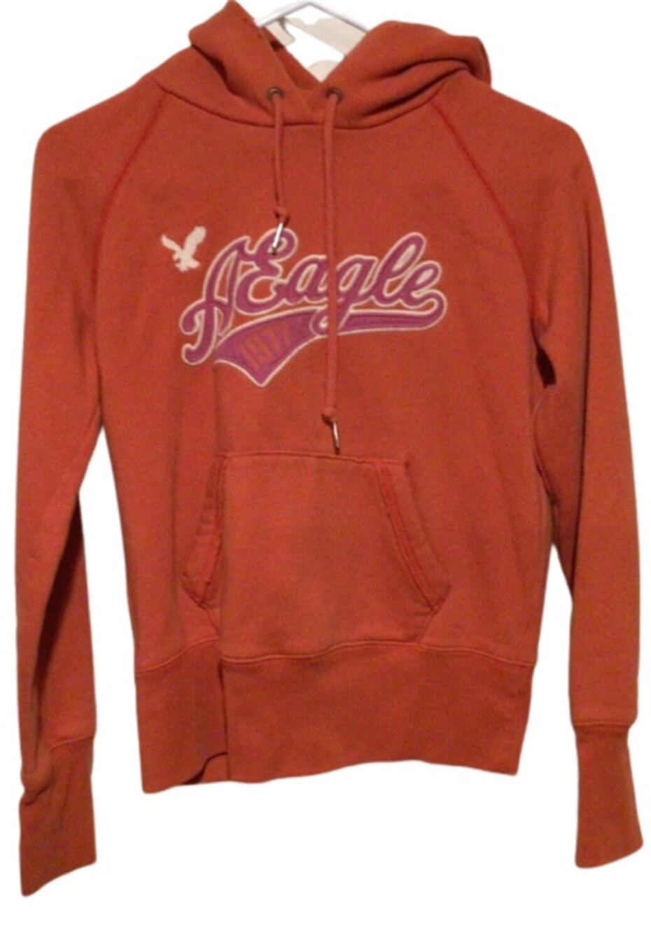 American Eagle Women’s Orange Distressed Pullover Hoodie Logo Sweatshirt Size S